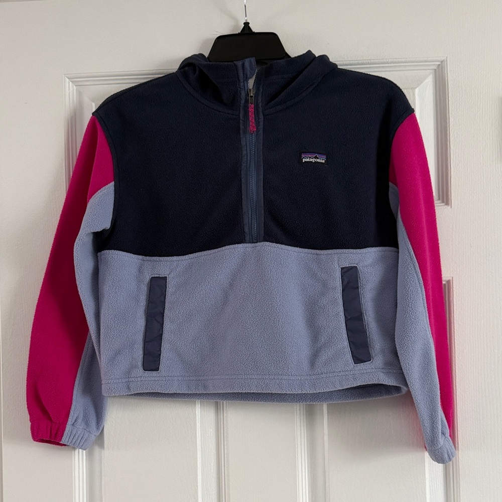Patagonia Kids Microdini Cropped Hoody P/O color block 1/4 zip fleece Medium